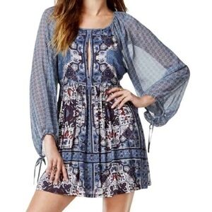 Free People Oksana Dress Marine Combo Oksana Blue Boho Mosaic Poet Sleeve Mini